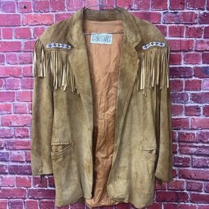 La Nouvelle Renaissance Vintage Suede Fringe Beaded Western Jacket Tan Small